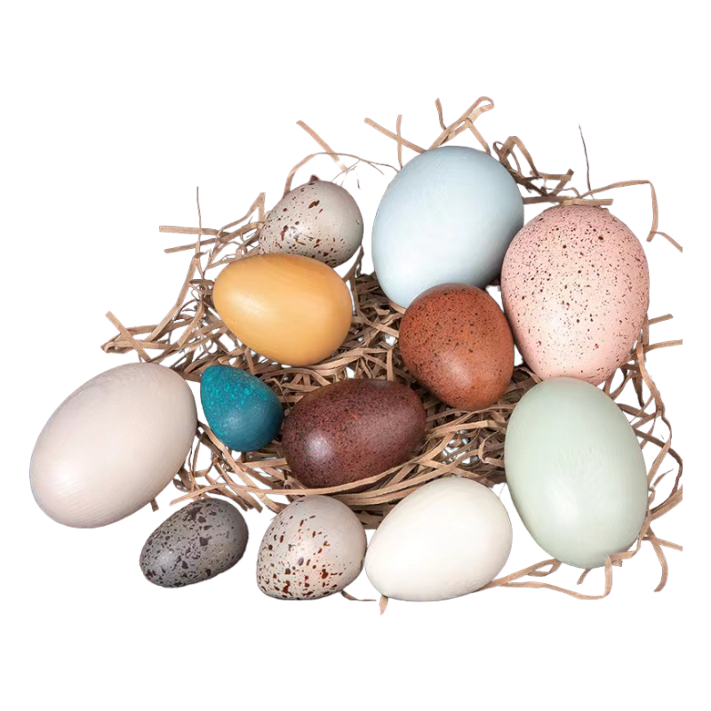 Assorted wooden bird eggs displayed in a nest