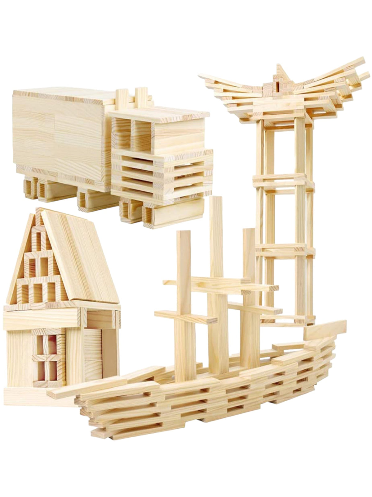 Complex city and tower built from natural wooden planks