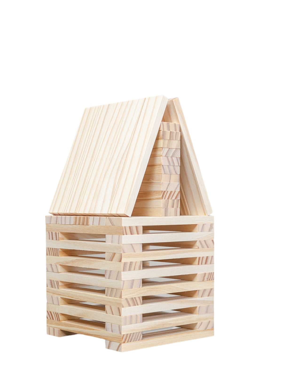 Tall peaked structure built from pine planks