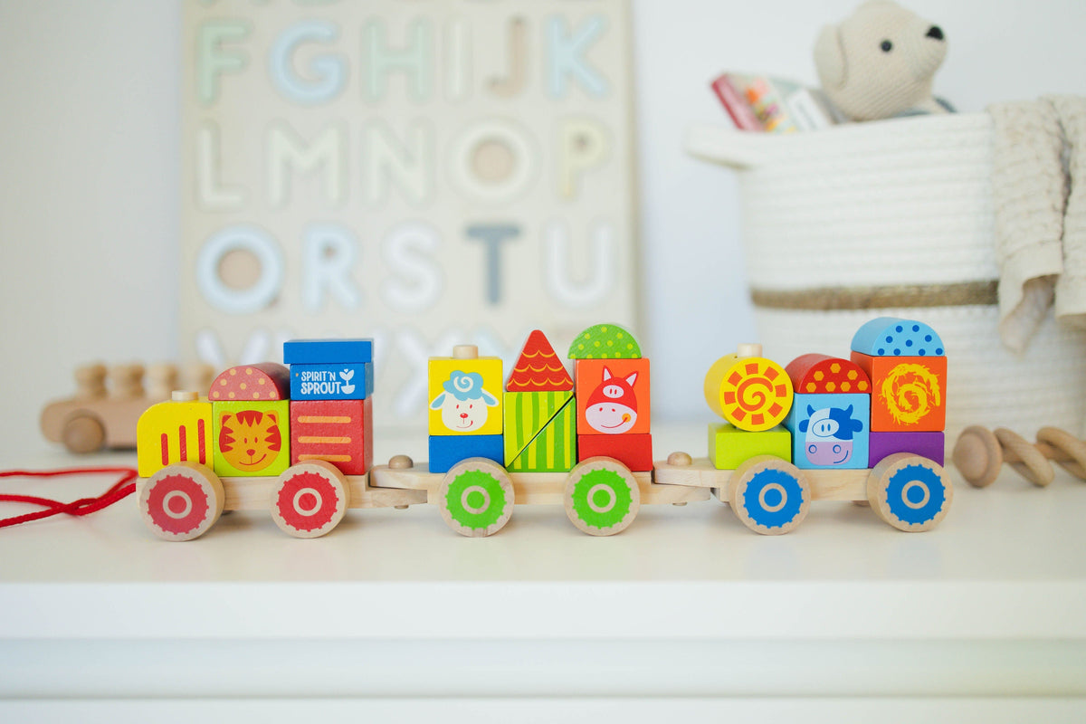 SpiritnSprout: Farm stacking train displayed on a nursery shelf