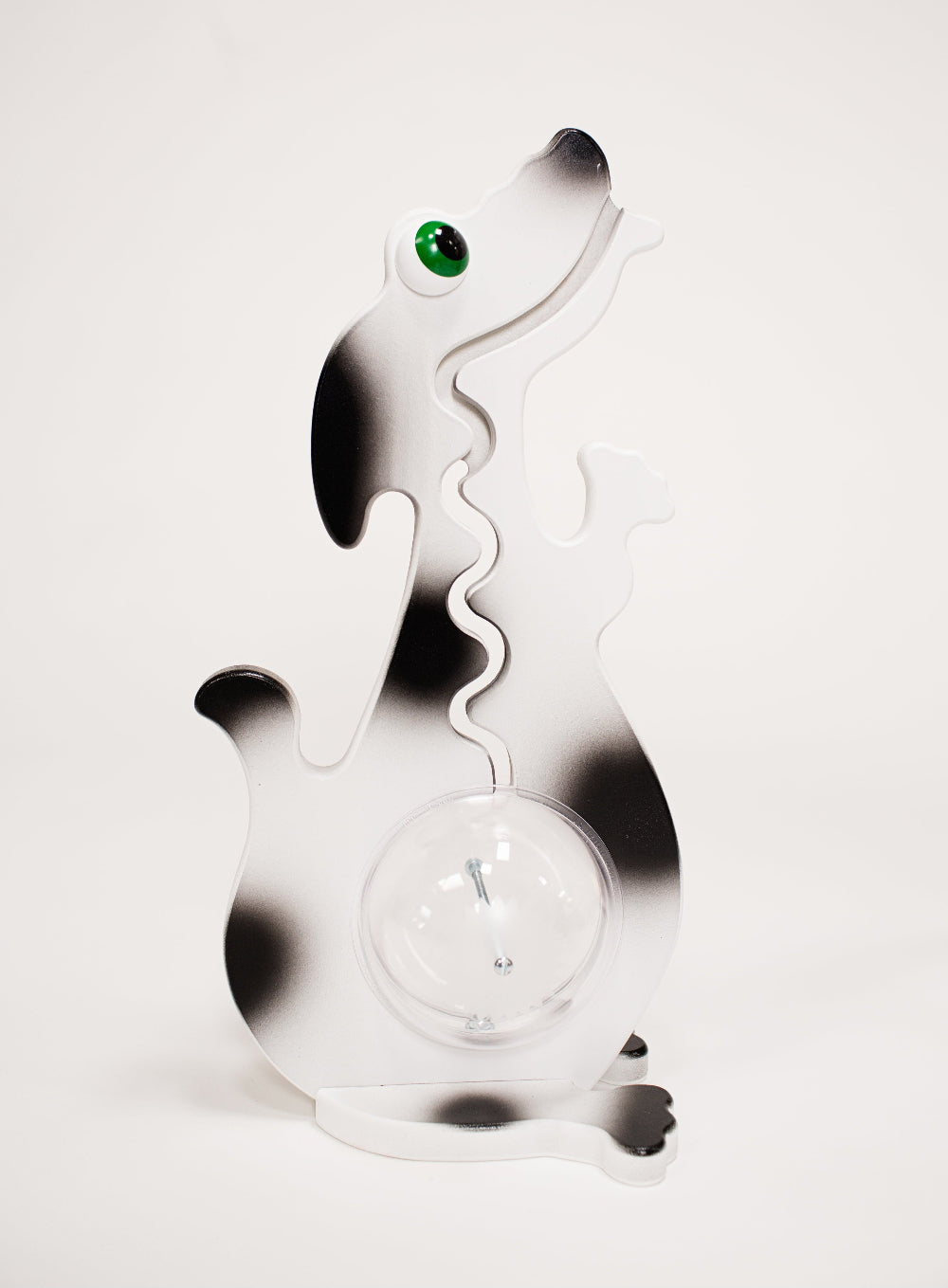 Black and white dog coin bank with a zigzag track, clear belly and shaped feet