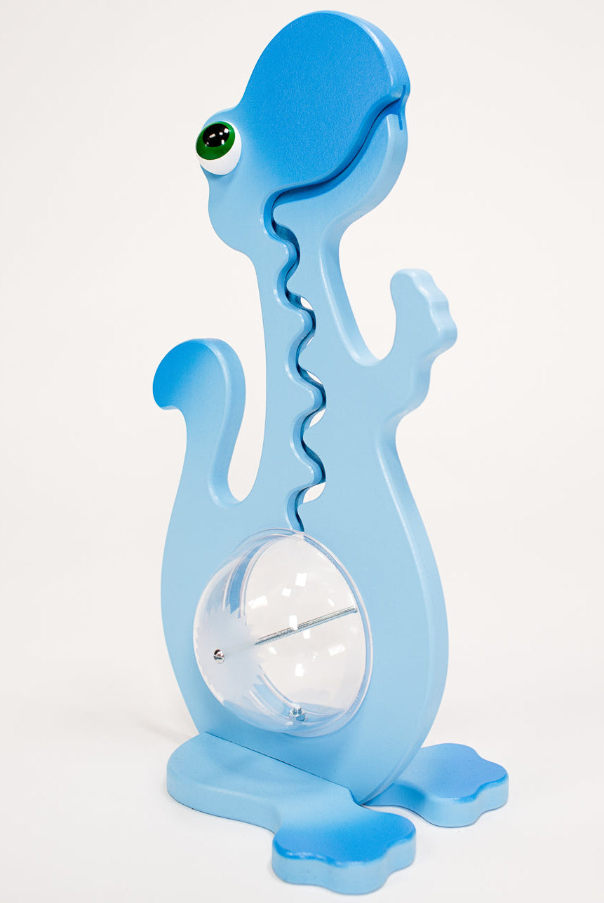 Angled view of the blue dinosaur coin bank
