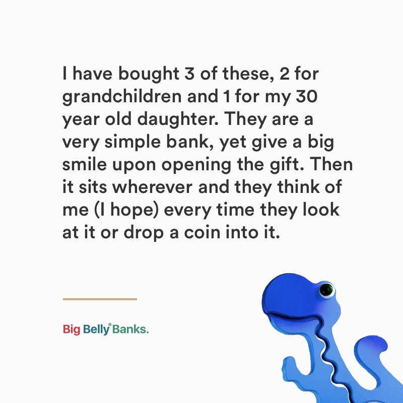 Customer testimonial graphic describing coin banks as gifts for grandchildren and an adult daughter