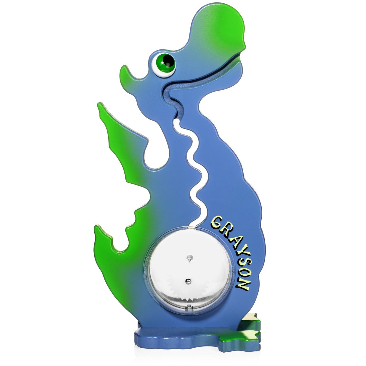Dragon coin bank showing an example of personalized name lettering