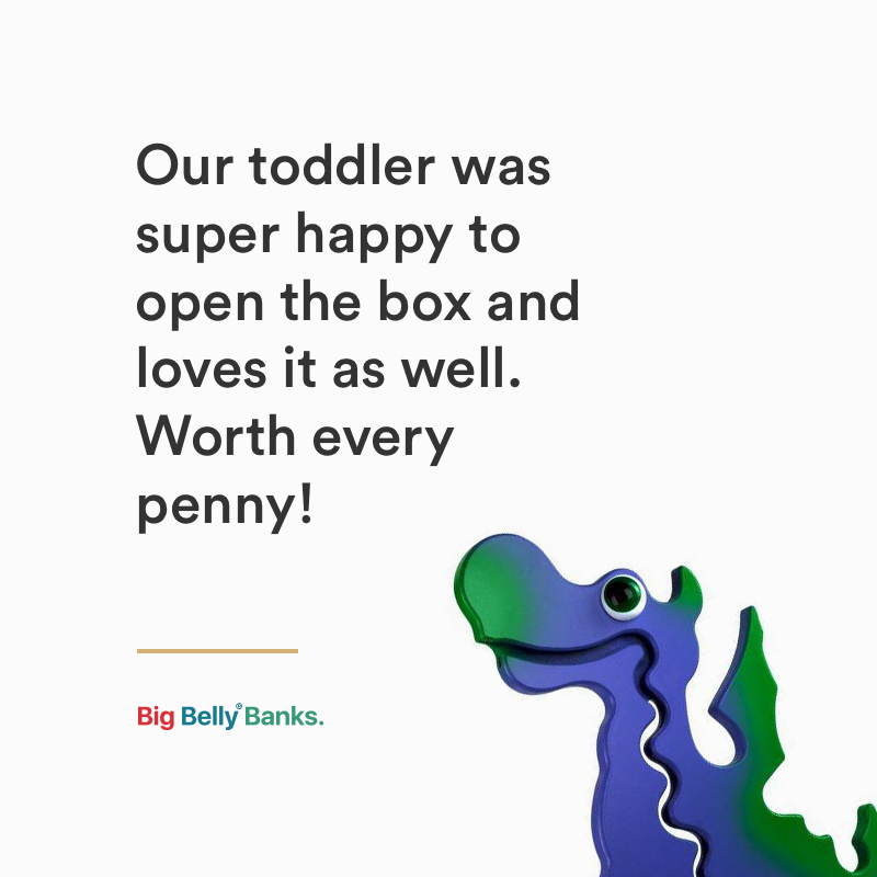 Customer testimonial graphic beside a dragon bank, describing a toddler opening and enjoying the gift