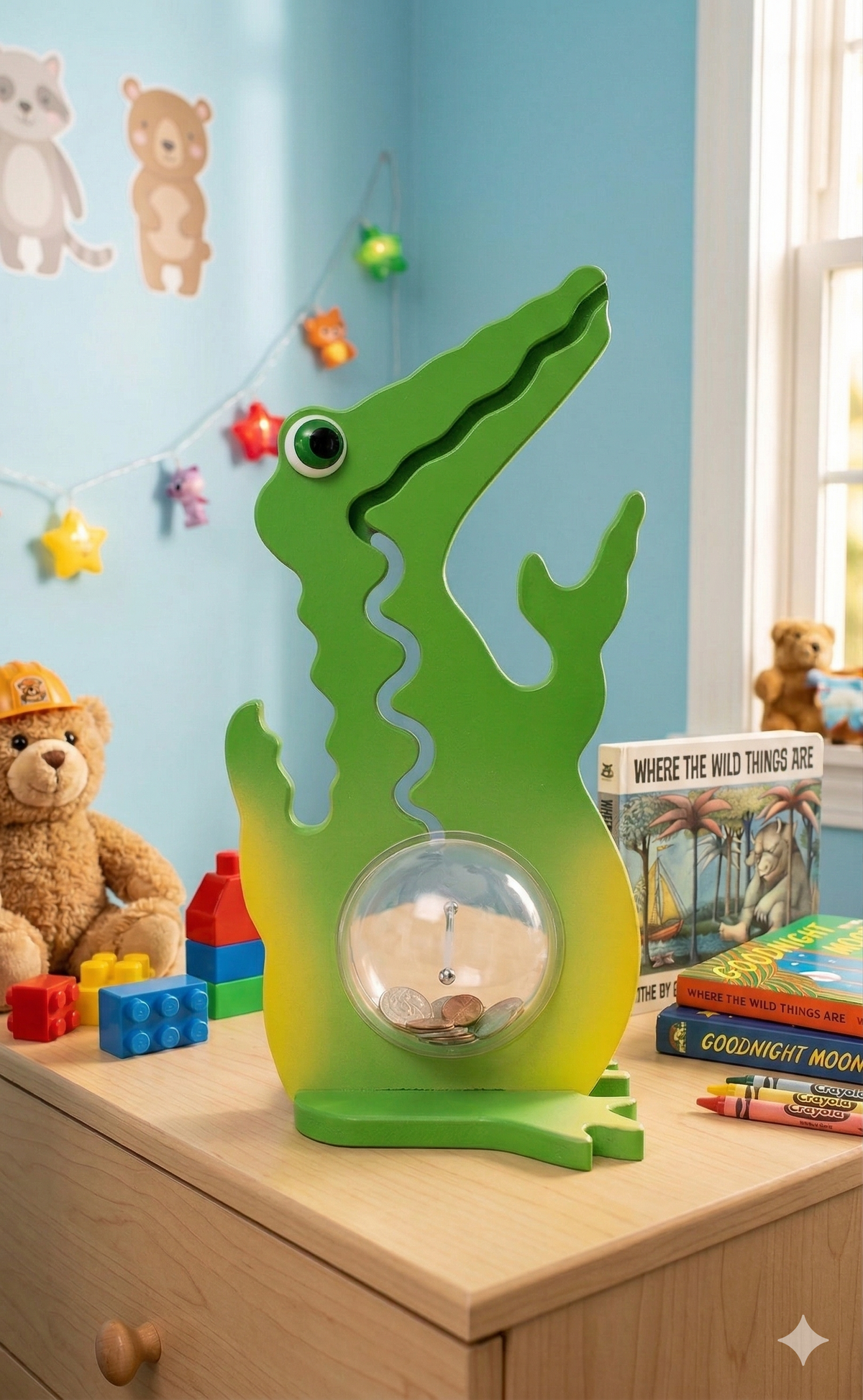 Alligator bank displayed on a dresser beside books and a plush lion