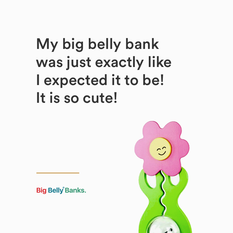 Customer testimonial graphic beside a flower bank, saying the bank looks as expected and is cute