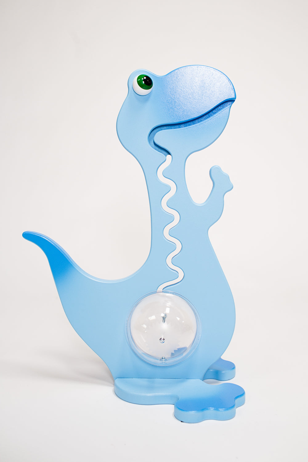Front view of the large blue dinosaur coin bank