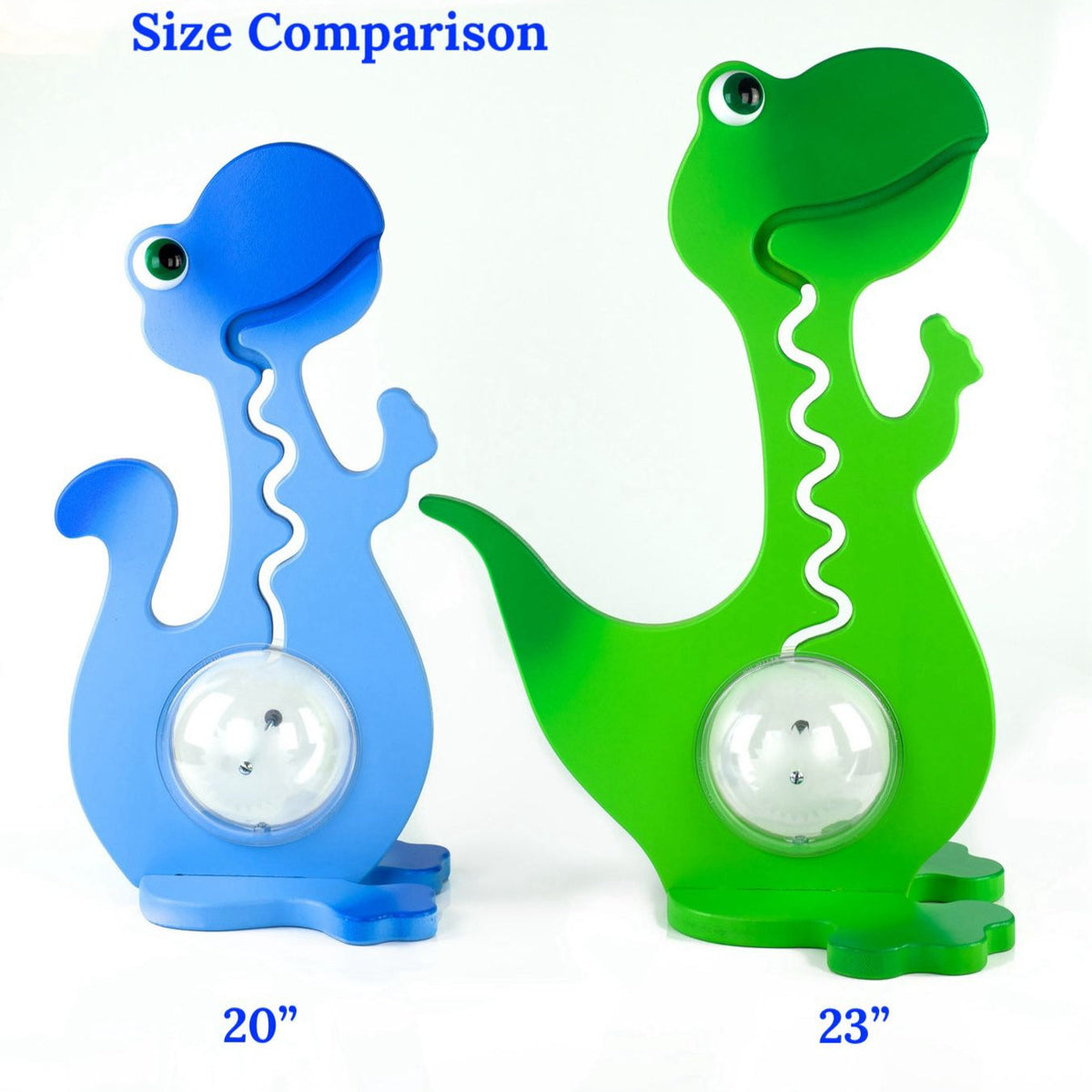 Size comparison showing a 20-inch blue dinosaur bank beside a 23-inch green dinosaur bank