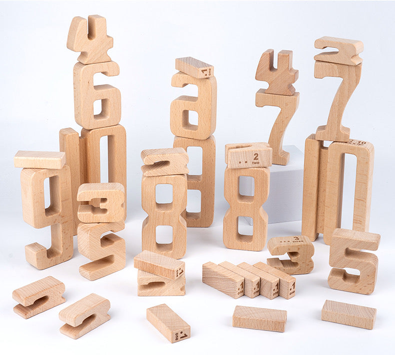 Green Elephant 32-Piece Wooden Number Blocks with Tray – product view