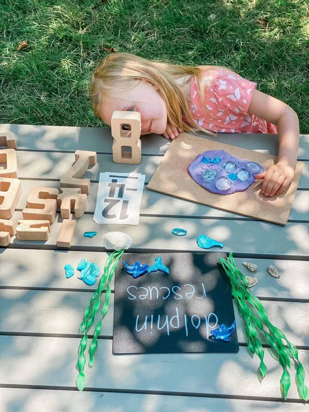 Green Elephant 32-Piece Wooden Number Blocks with Tray – product view