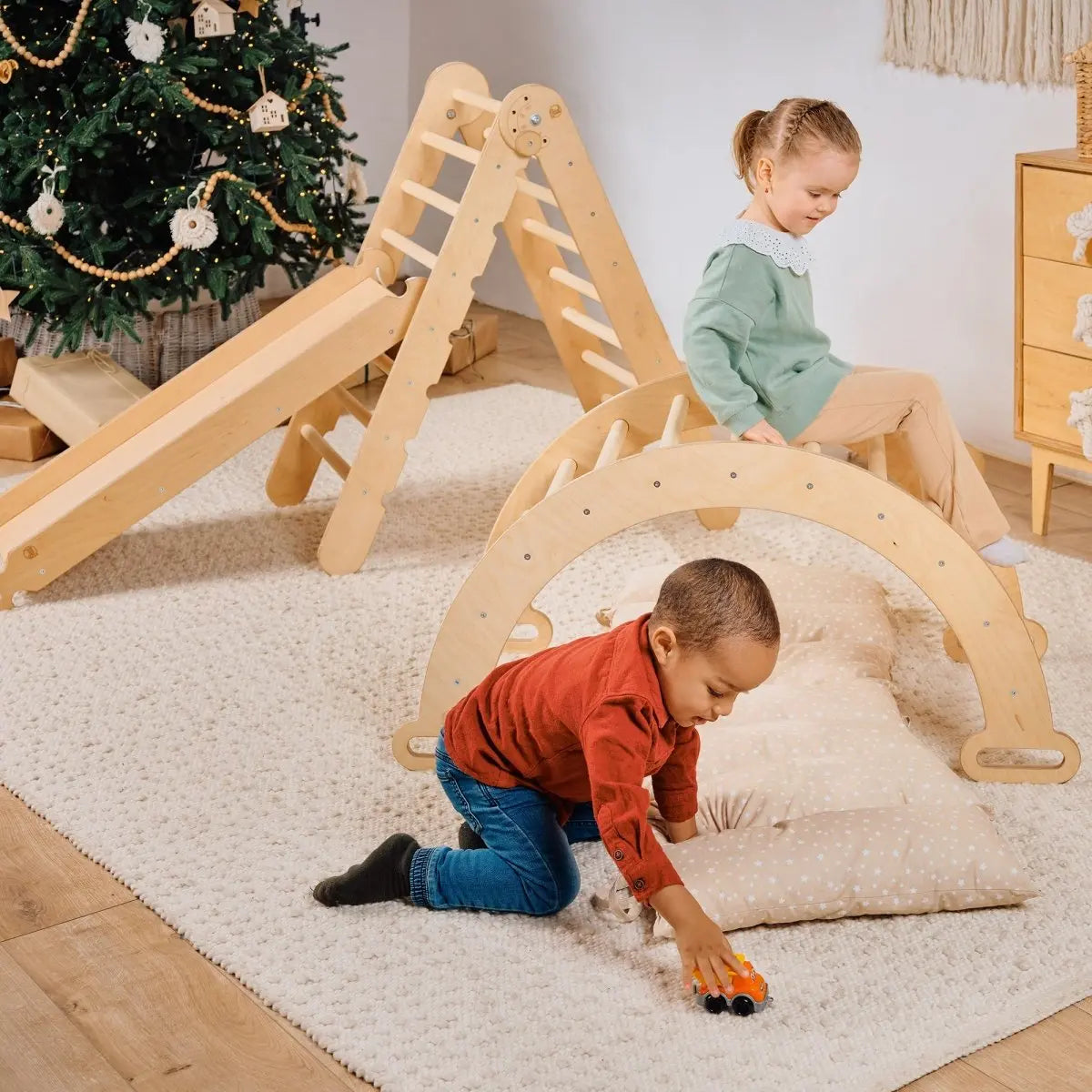 4in1 Montessori Climbing Set: Triangle Ladder + Climbing Arch + Slide Board & Cushion – Beige - The Baby Penguin