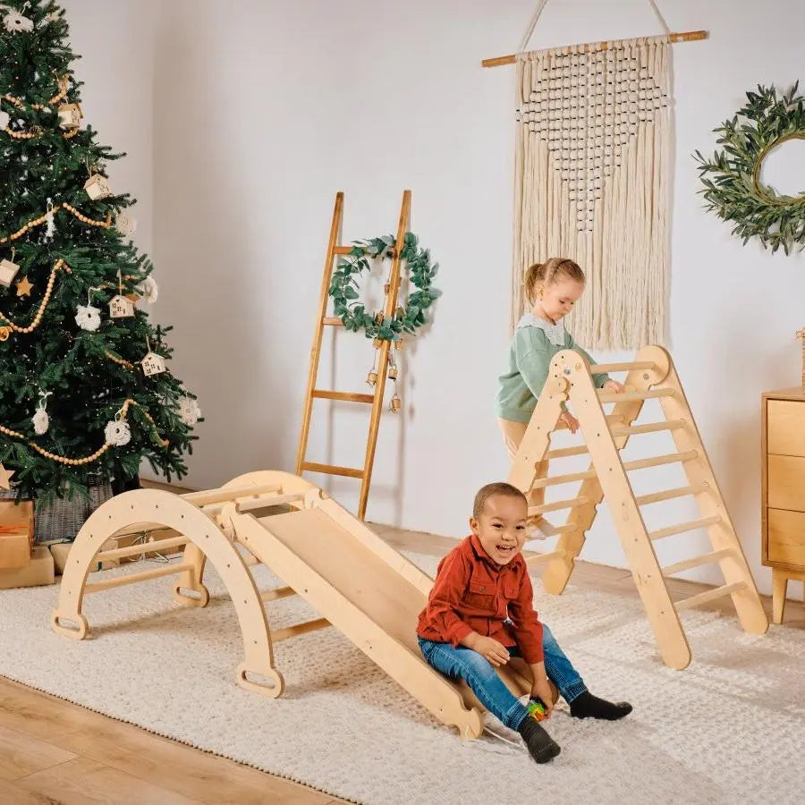4in1 Montessori Climbing Set: Triangle Ladder + Climbing Arch + Slide Board & Cushion – Beige - The Baby Penguin