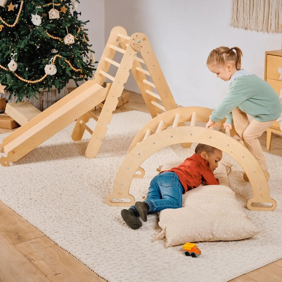 4in1 Montessori Climbing Set: Triangle Ladder + Climbing Arch + Slide Board & Cushion – Beige - The Baby Penguin