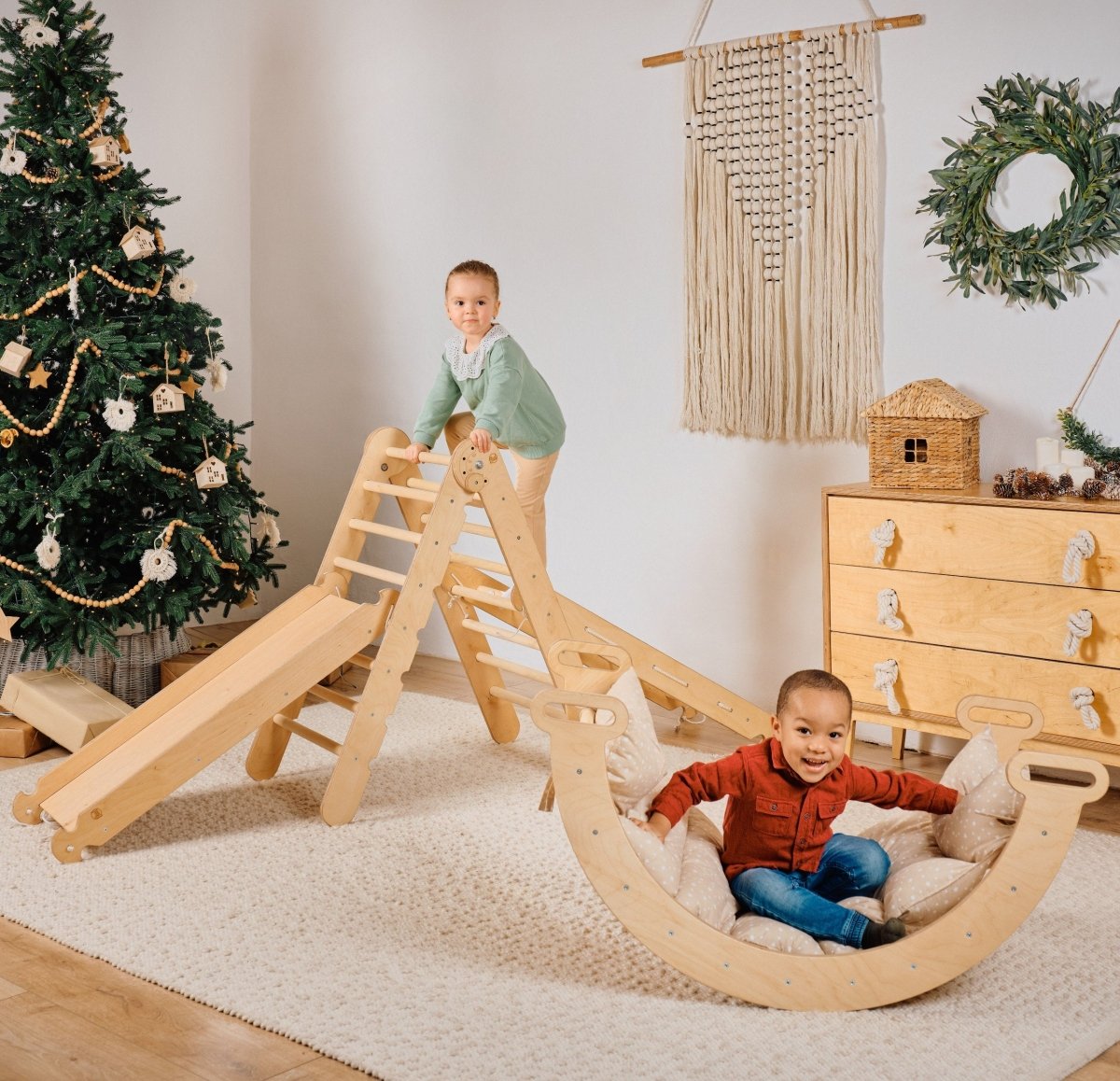 5in1 Montessori Climbing Set: Triangle Ladder + Arch/Rocker + Slide Board/Ramp + Netting rope + Cushion - The Baby Penguin