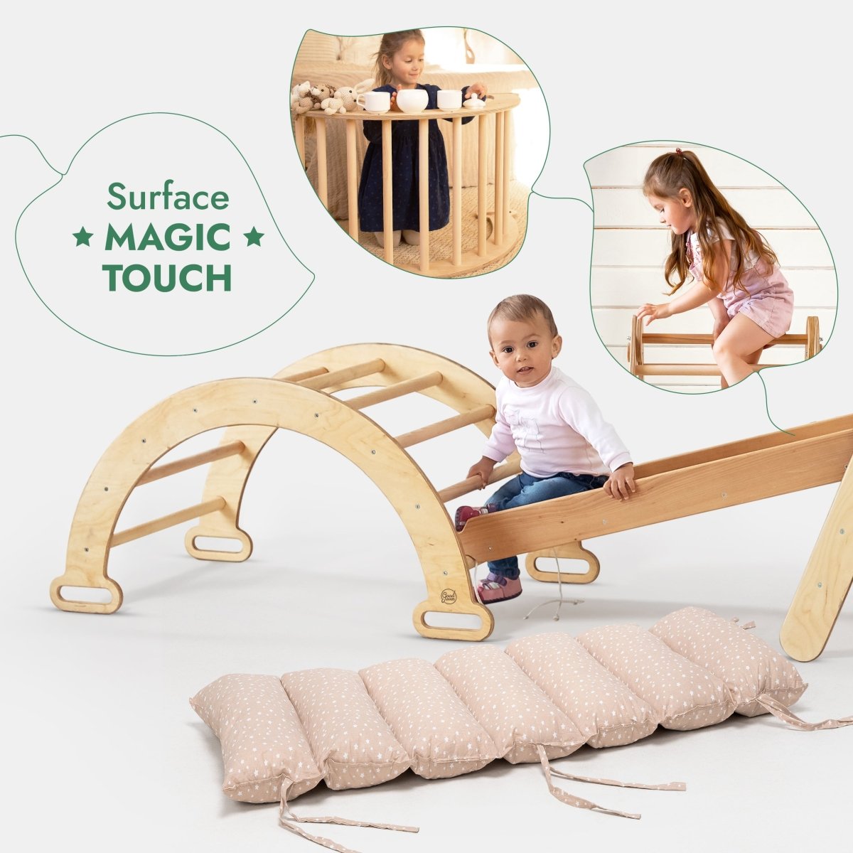 5in1 Montessori Climbing Set: Triangle Ladder + Arch/Rocker + Slide Board/Ramp + Netting rope + Cushion - The Baby Penguin