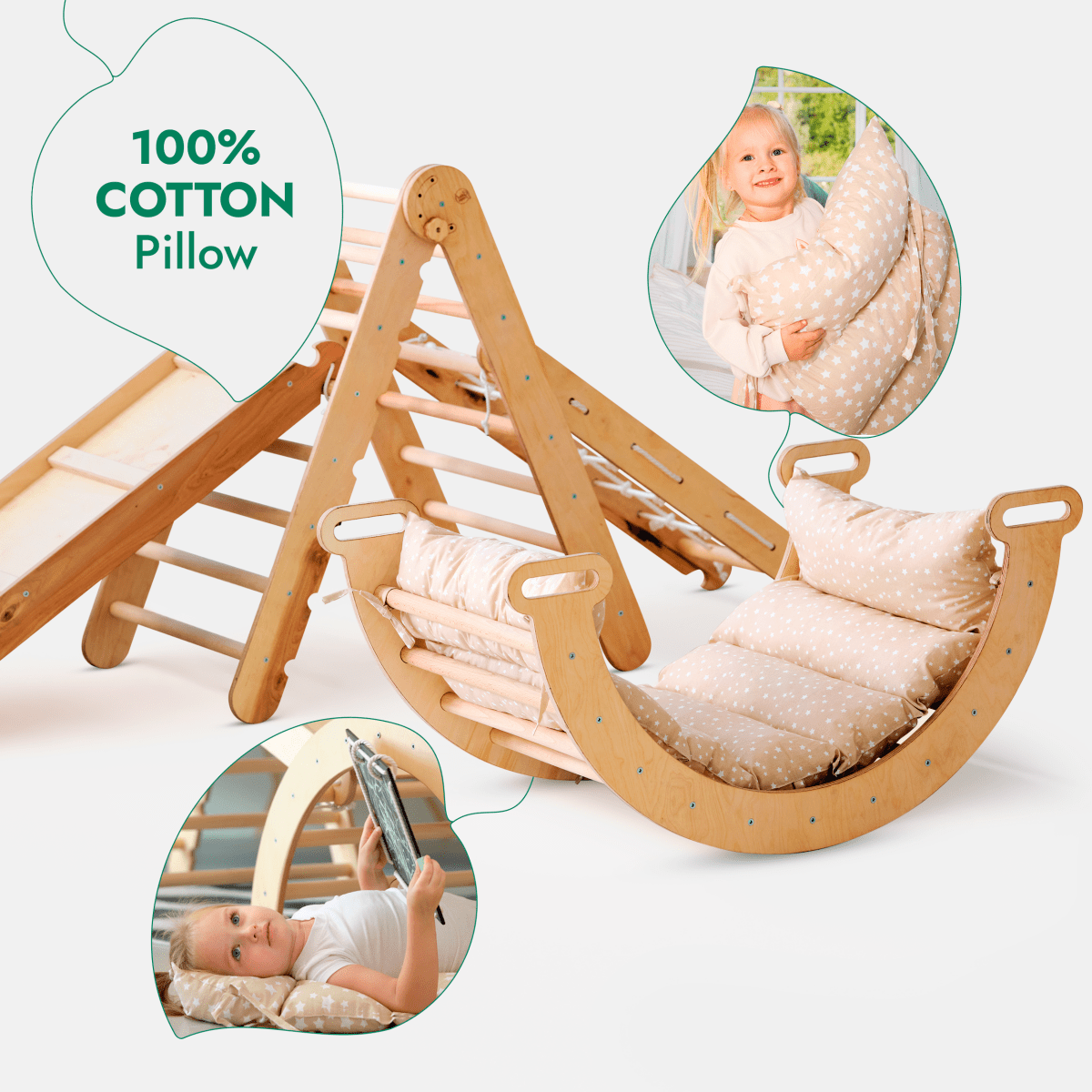 5in1 Montessori Climbing Set: Triangle Ladder + Arch/Rocker + Slide Board/Ramp + Netting rope + Cushion - The Baby Penguin