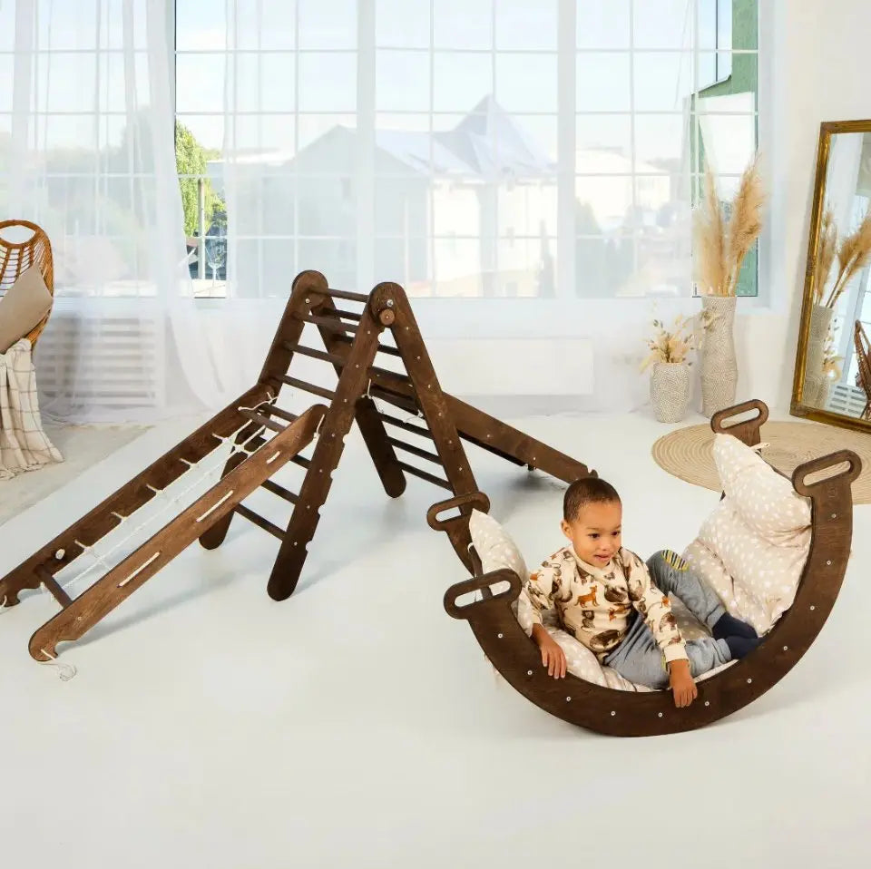 5in1 Montessori Climbing Set: Triangle Ladder + Arch/Rocker + Slide Board/Ramp + Netting rope + Cushion - The Baby Penguin