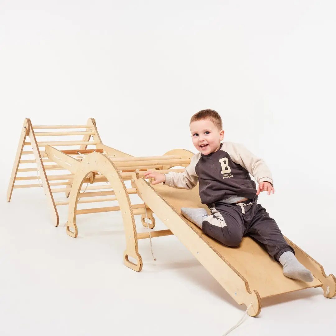 6in1 Montessori Climbing Set: Triangle Ladder + Arch/Rocker + Slide/Ramp + Net + Cushion + Art Addition - The Baby Penguin