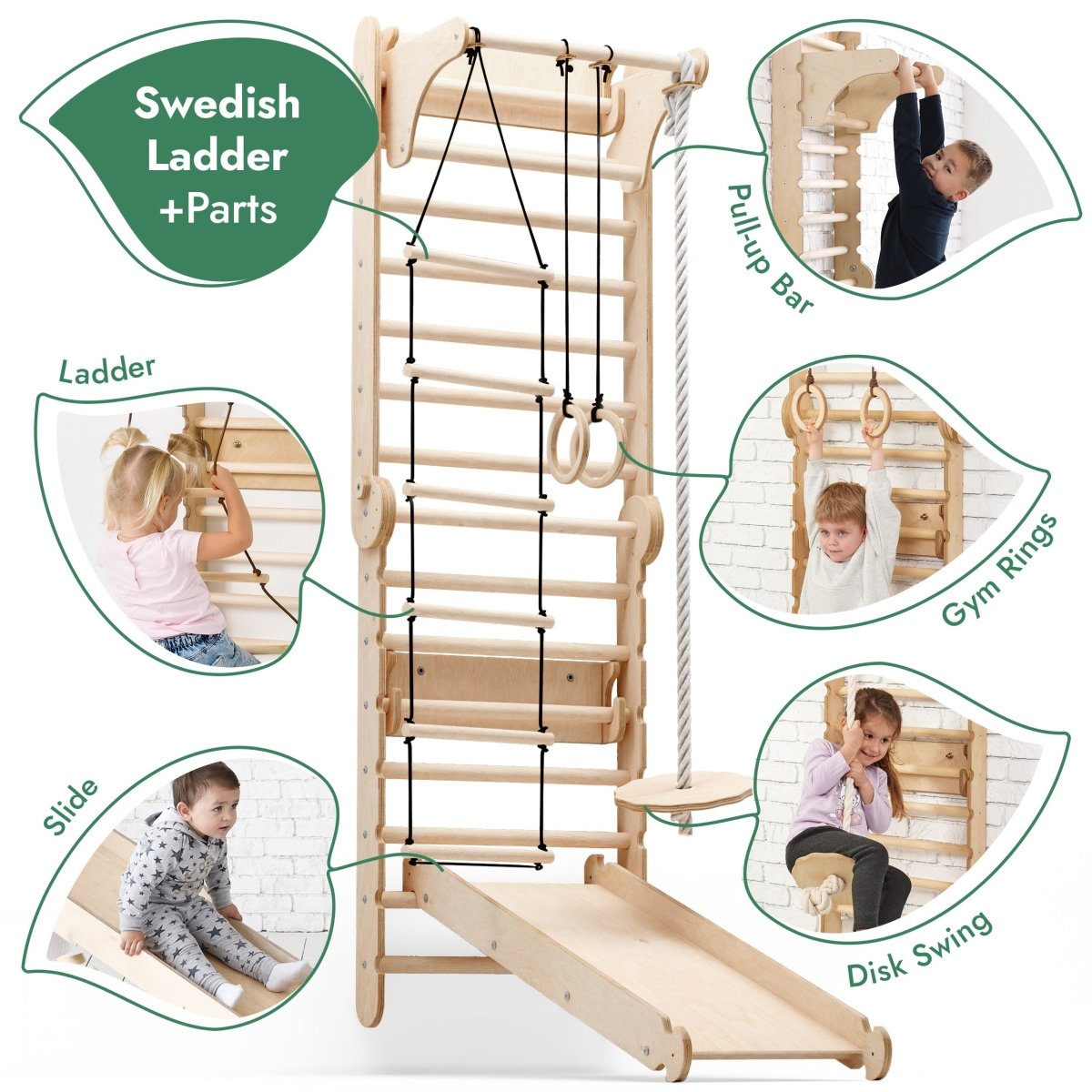 6in1 Wooden Swedish Wall / Climbing ladder for Children + Swing Set + Slide Board - The Baby Penguin