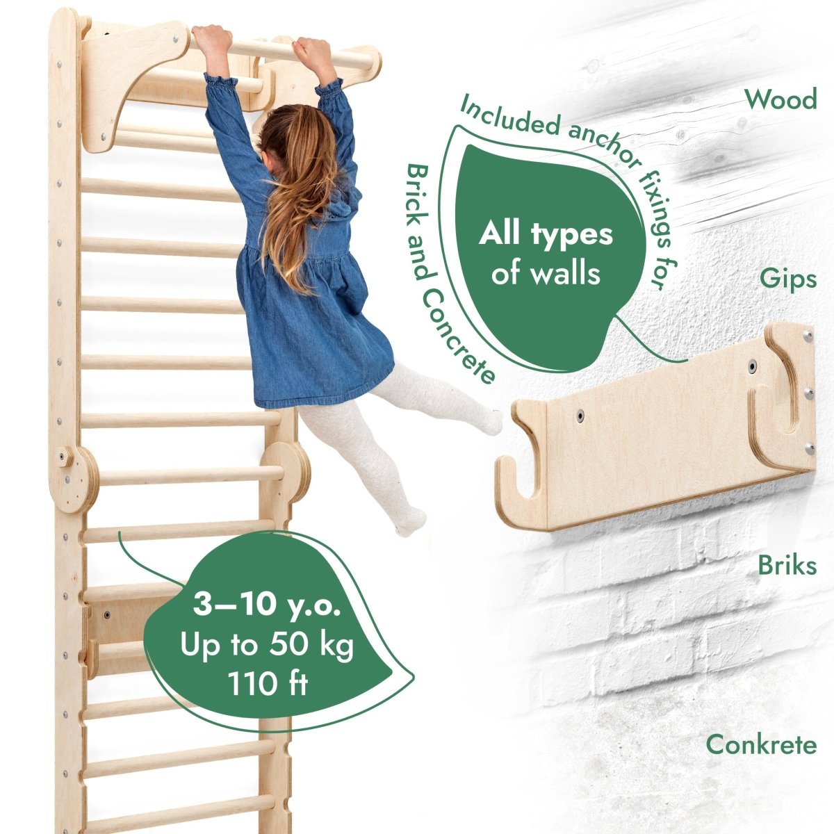 6in1 Wooden Swedish Wall / Climbing ladder for Children + Swing Set + Slide Board - The Baby Penguin