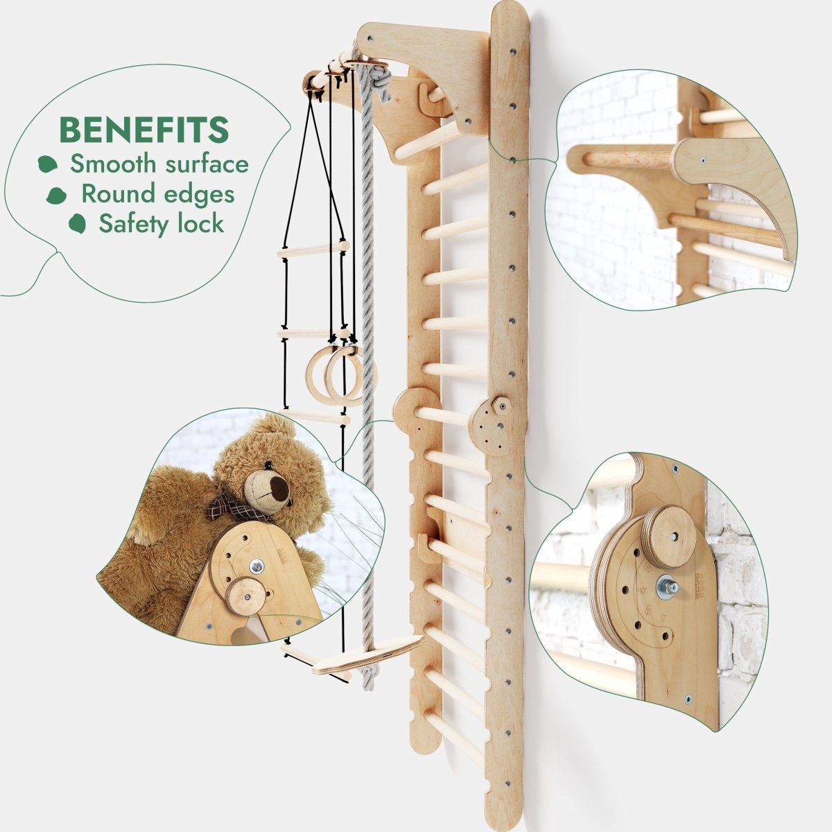 6in1 Wooden Swedish Wall / Climbing ladder for Children + Swing Set + Slide Board - The Baby Penguin