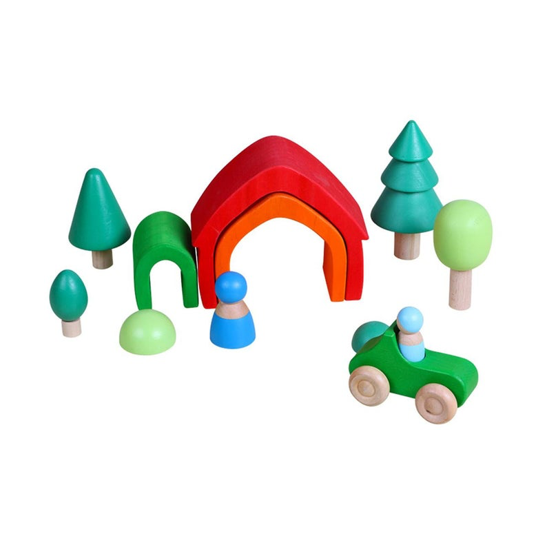 Green Elephant Stained Wooden Cars with 3 Peg Dolls – product view