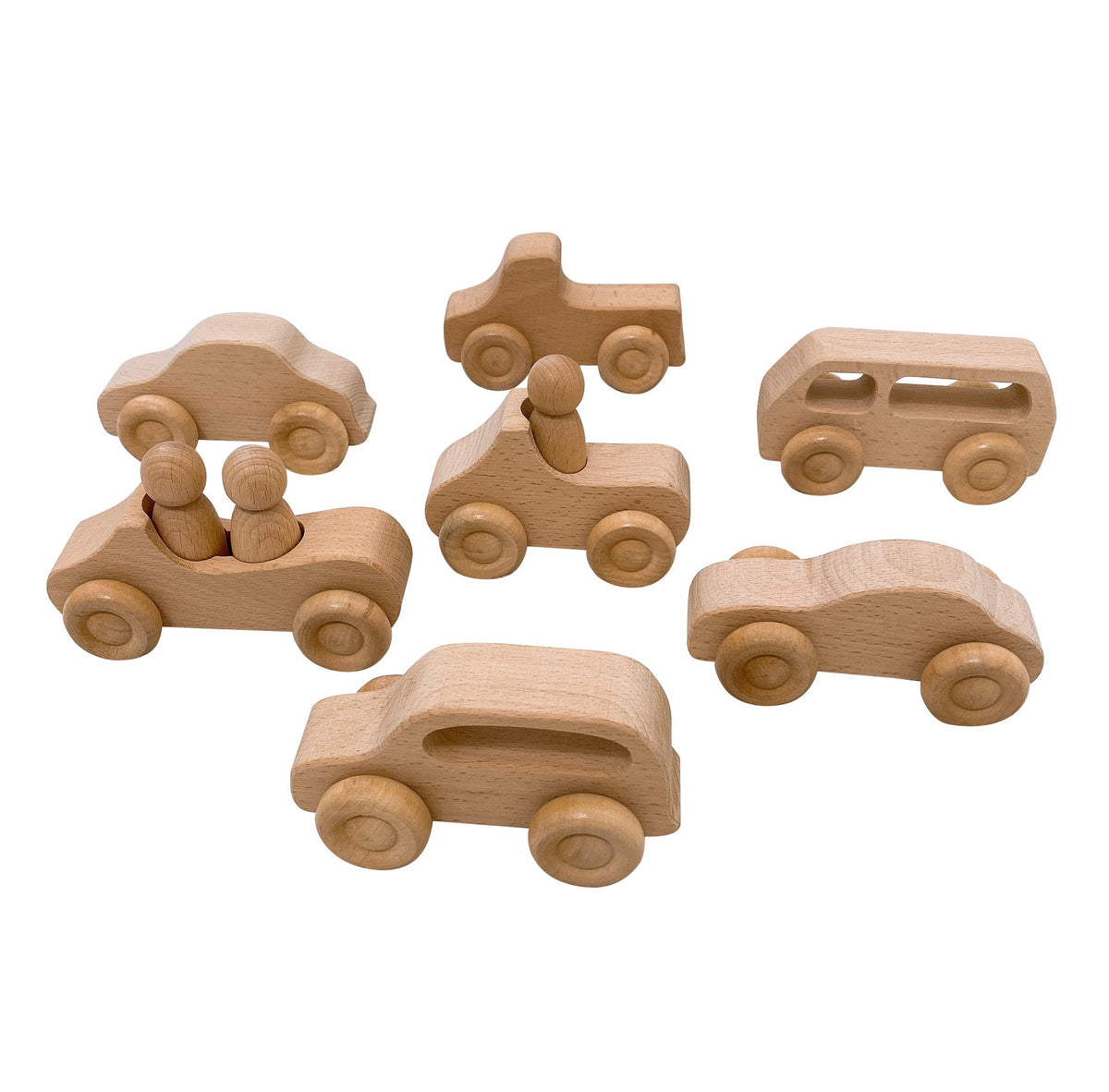 Green Elephant Natural Wooden Cars with 3 Peg Dolls