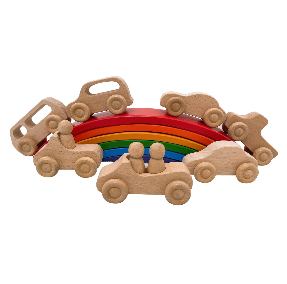Green Elephant Natural Wooden Cars with 3 Peg Dolls – product view
