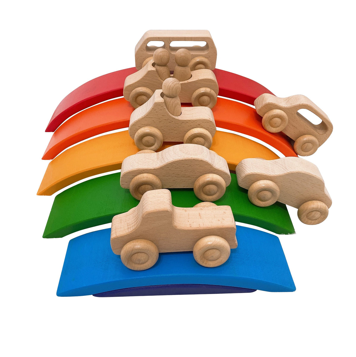 Green Elephant Natural Wooden Cars with 3 Peg Dolls – product view