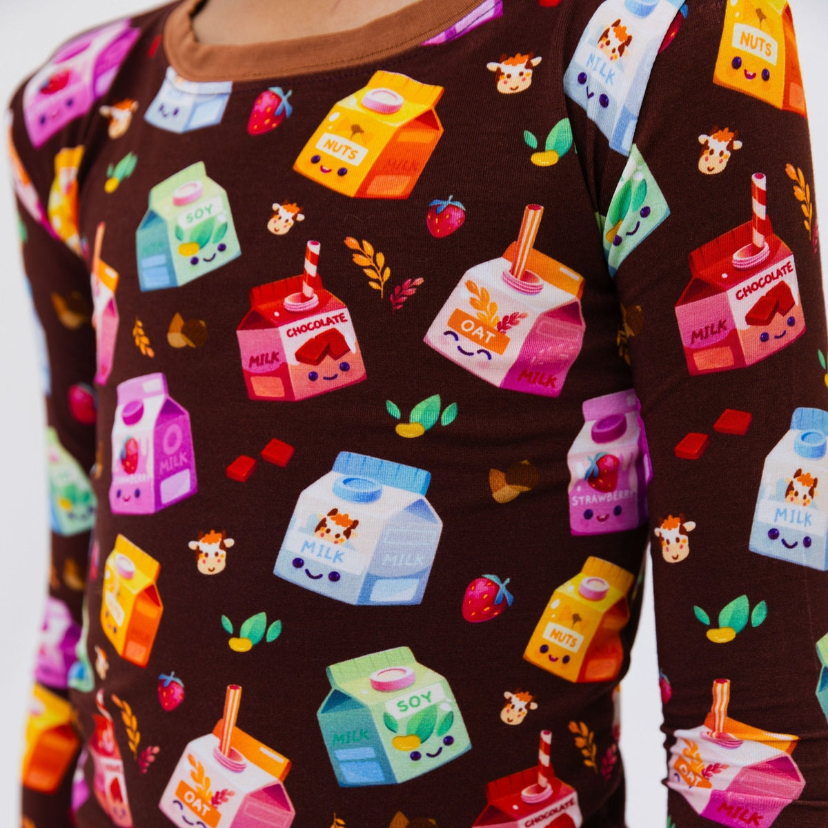 Close-up of the top and neckline on Bam & Stitch All the Milks! Long Sleeve Pajamas.