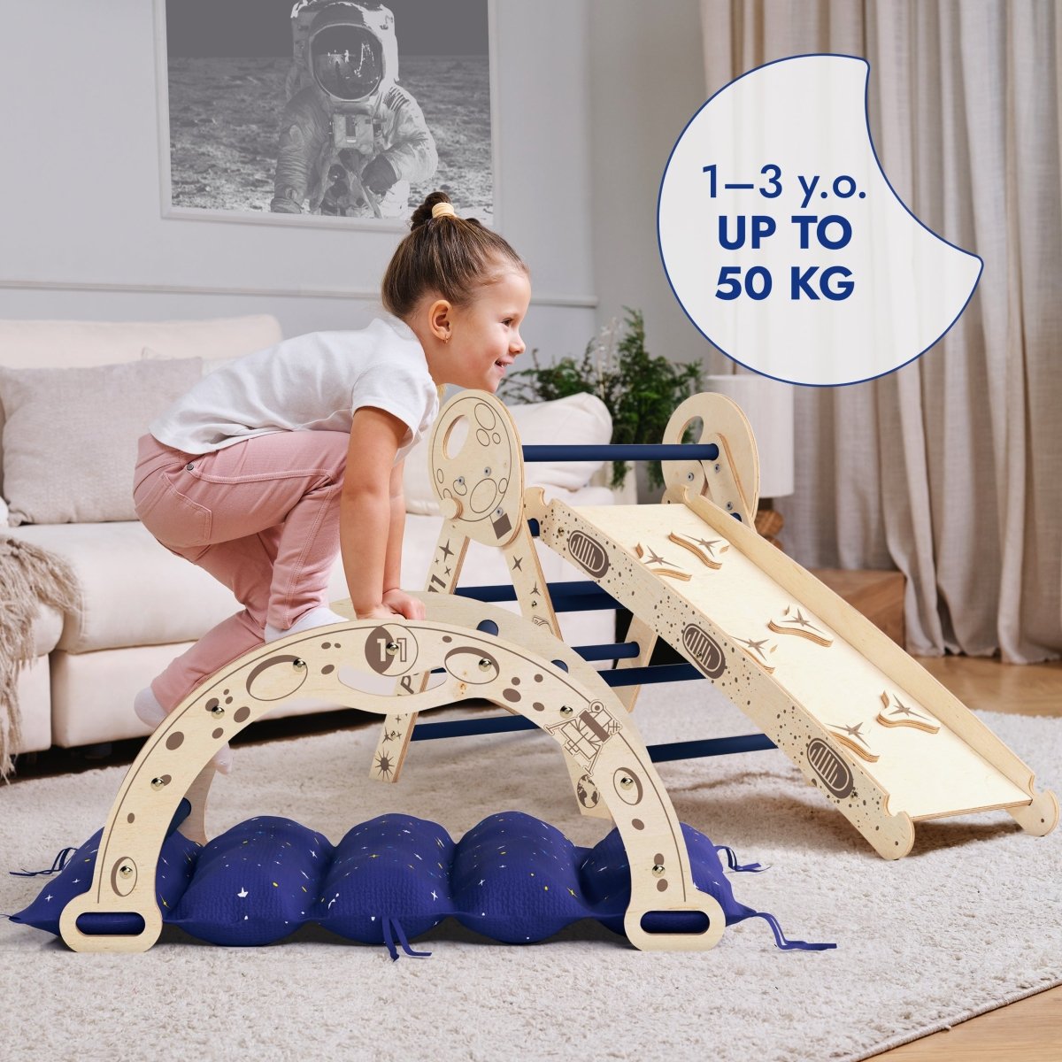 Apollo 4in1 Climbing Set: Pikler Triangle, Arch, Slide Board, and Cushion for Little Toddlers Astronauts (1–3 Years) | | The Baby Penguin