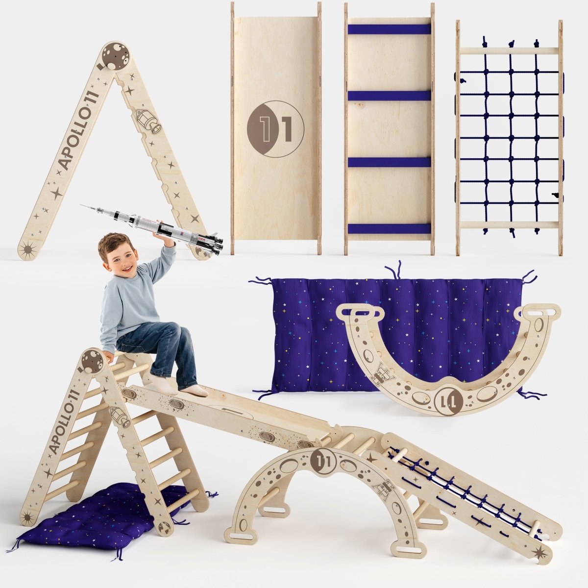 Apollo 5in1 Climbing Set: Pikler Triangle, Net, Arch, Slide Board, and Cushion for Little Astronauts - The Baby Penguin