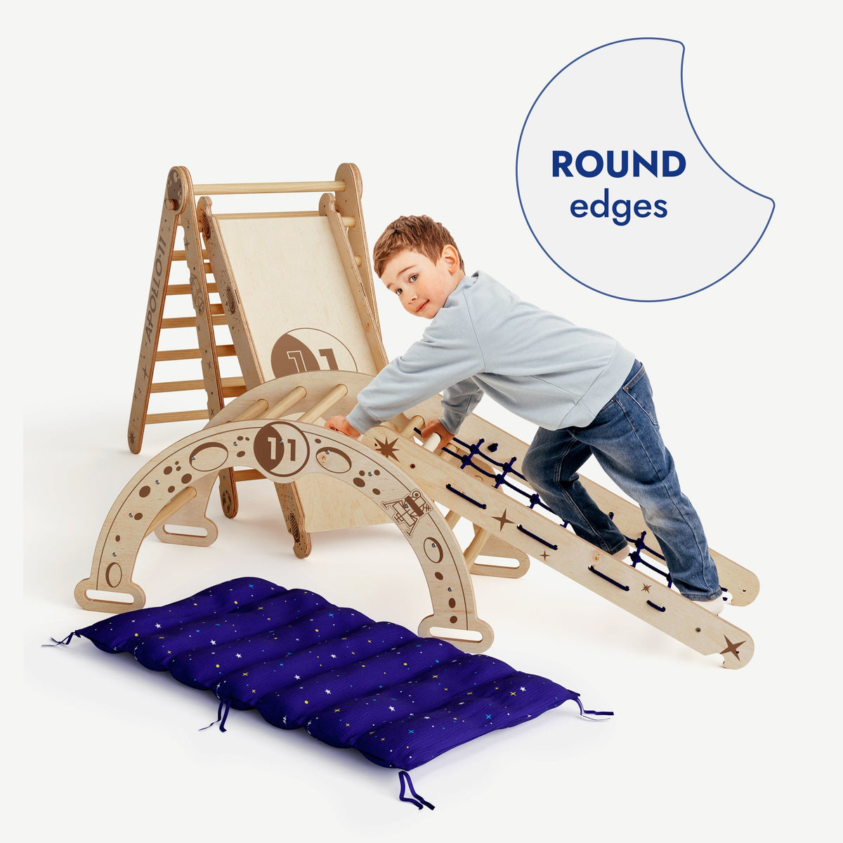 Apollo 5in1 Climbing Set: Pikler Triangle, Net, Arch, Slide Board, and Cushion for Little Astronauts - The Baby Penguin