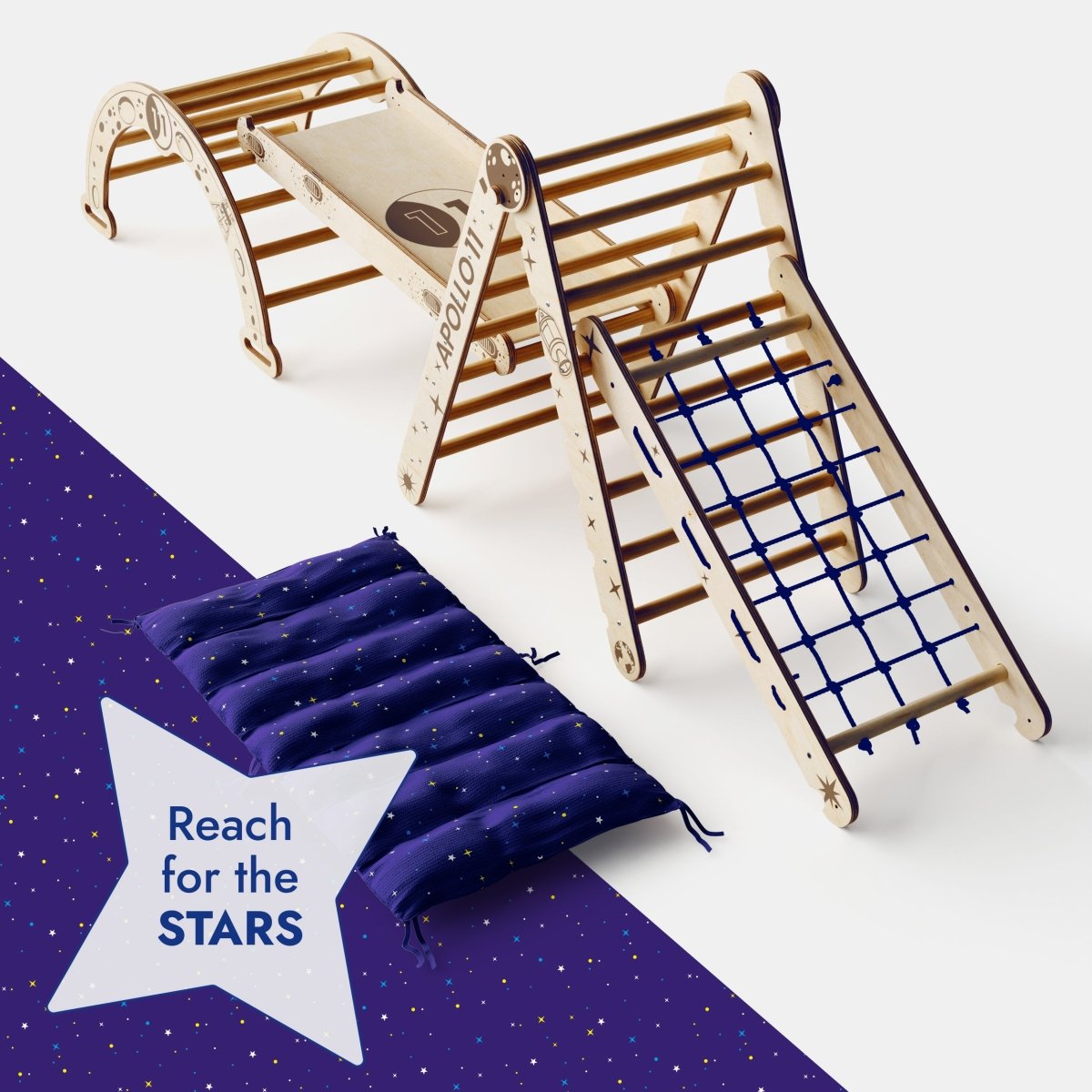 Apollo 5in1 Climbing Set: Pikler Triangle, Net, Arch, Slide Board, and Cushion for Little Astronauts - The Baby Penguin