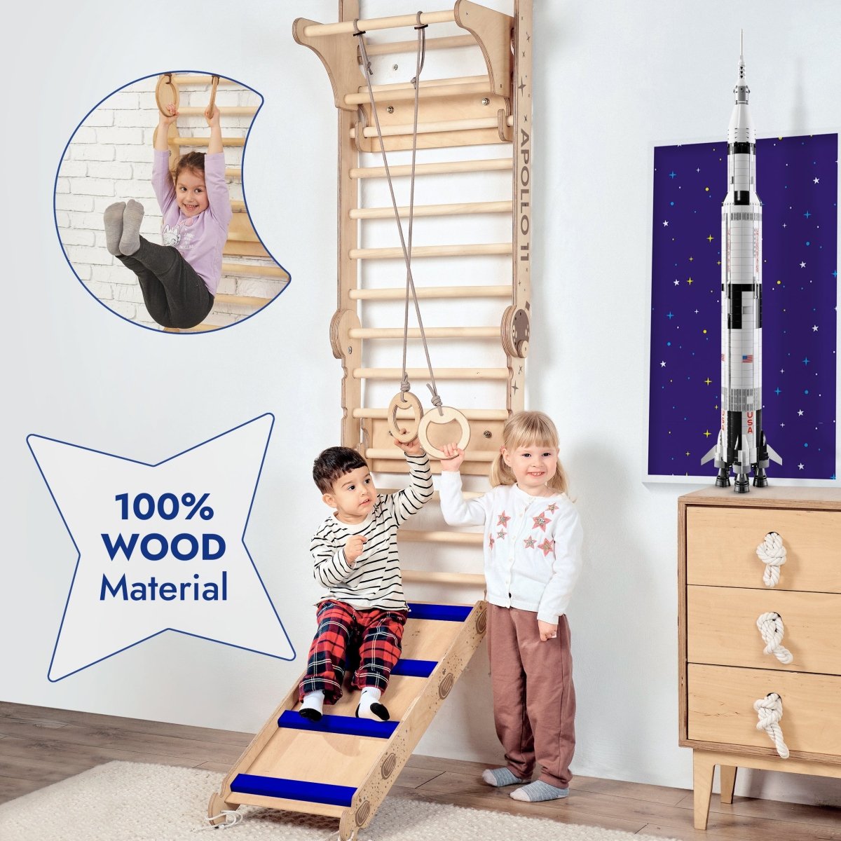 Apollo Swedish Wall / Climbing ladder for Little Astronauts + Moon swing Set + Slide Board - The Baby Penguin