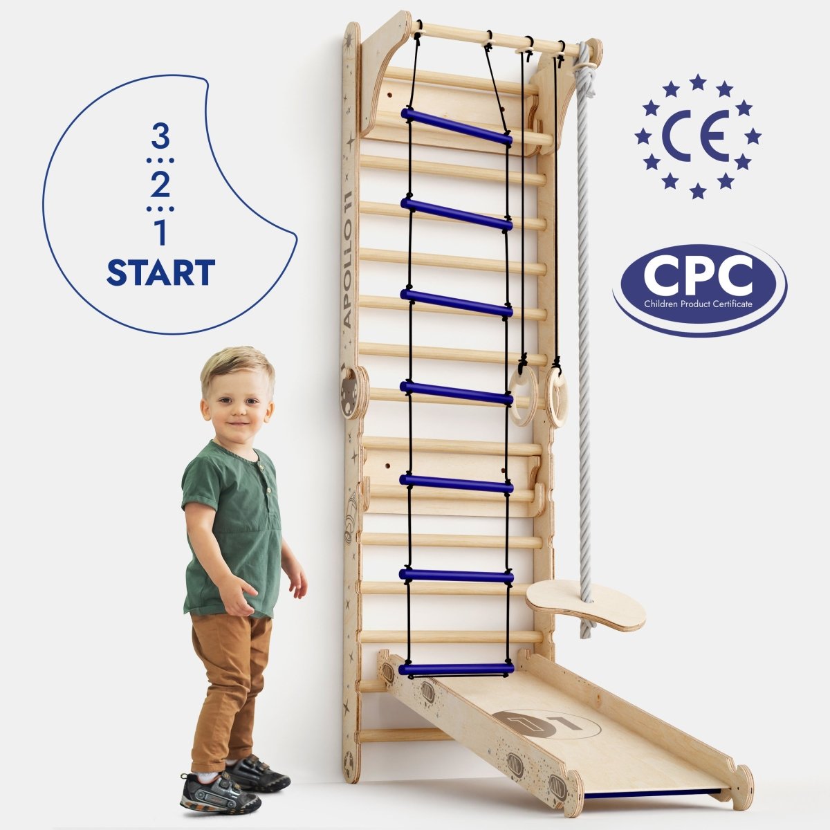 Apollo Swedish Wall / Climbing ladder for Little Astronauts + Moon swing Set + Slide Board - The Baby Penguin