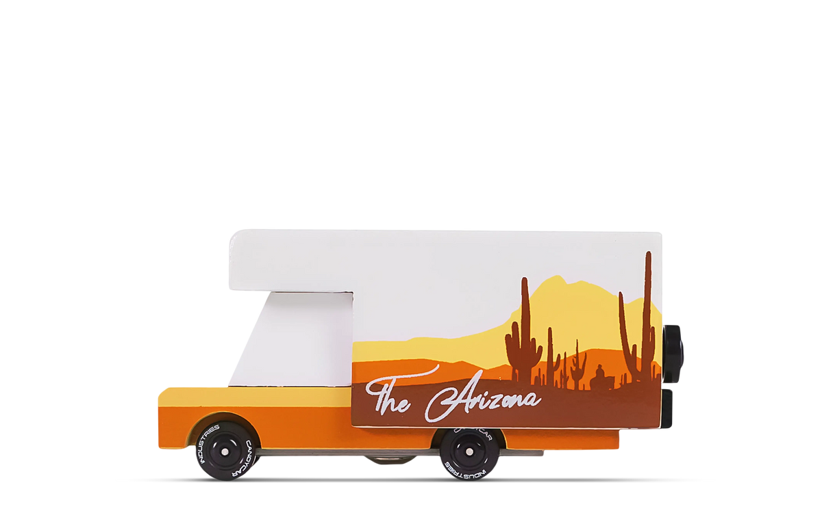 Candylab Arizona RV wooden toy with desert-and-cactus graphics, side view