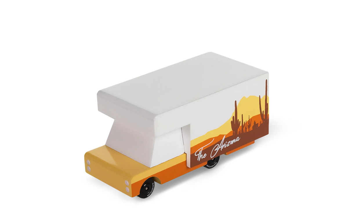 Candylab Arizona RV wooden toy, front three-quarter view