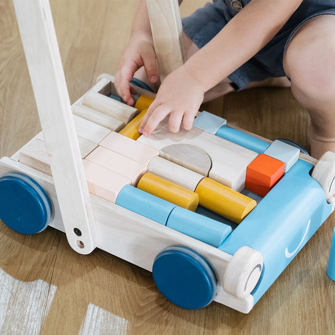 PlanToys Wooden Baby Push Walker with Blocks – Orchard