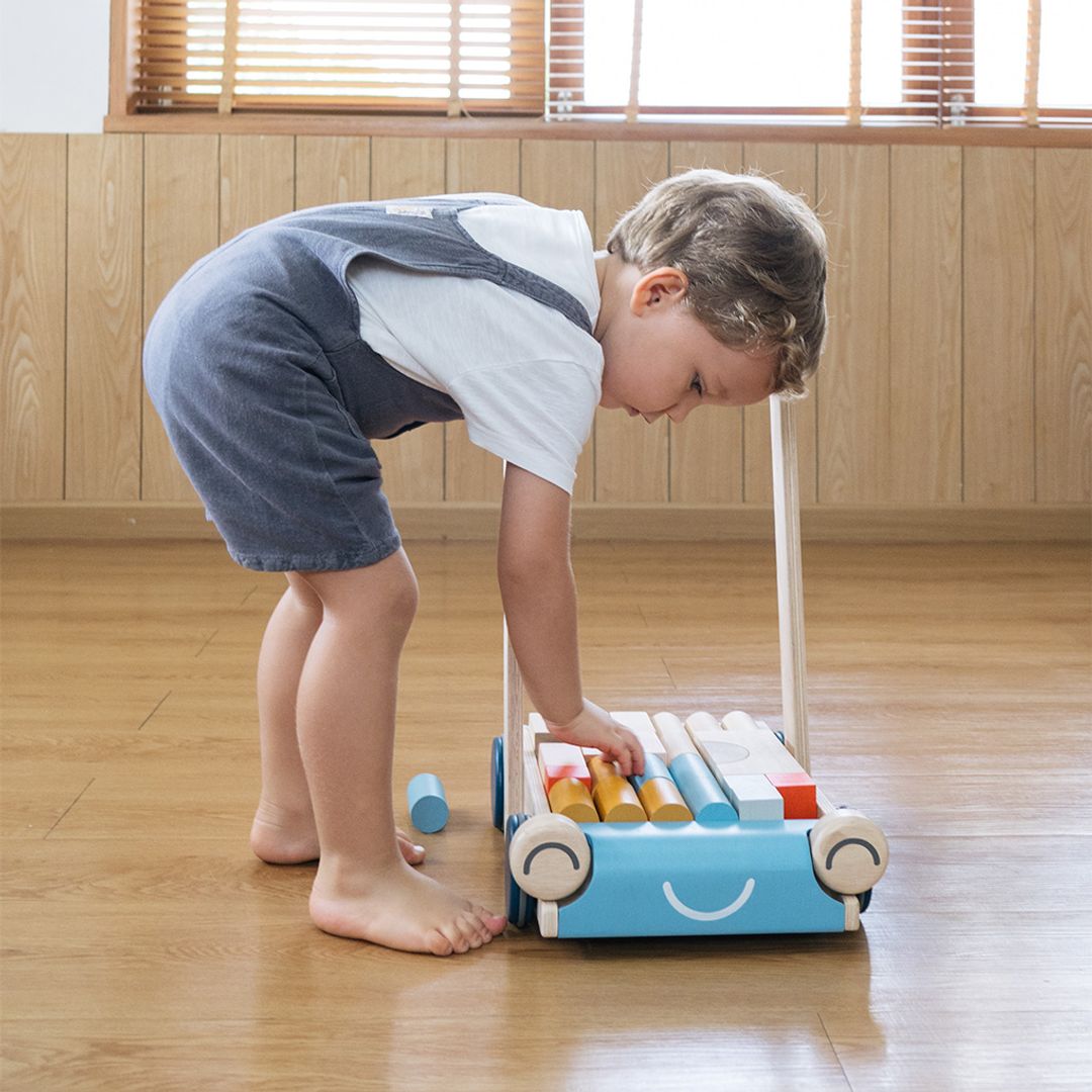 PlanToys Wooden Baby Push Walker with Blocks – Orchard