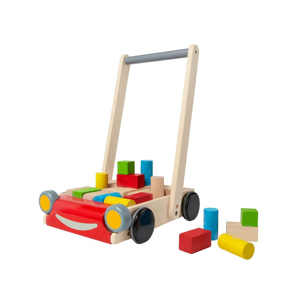 PlanToys Wooden Baby Push Walker with 24 Blocks