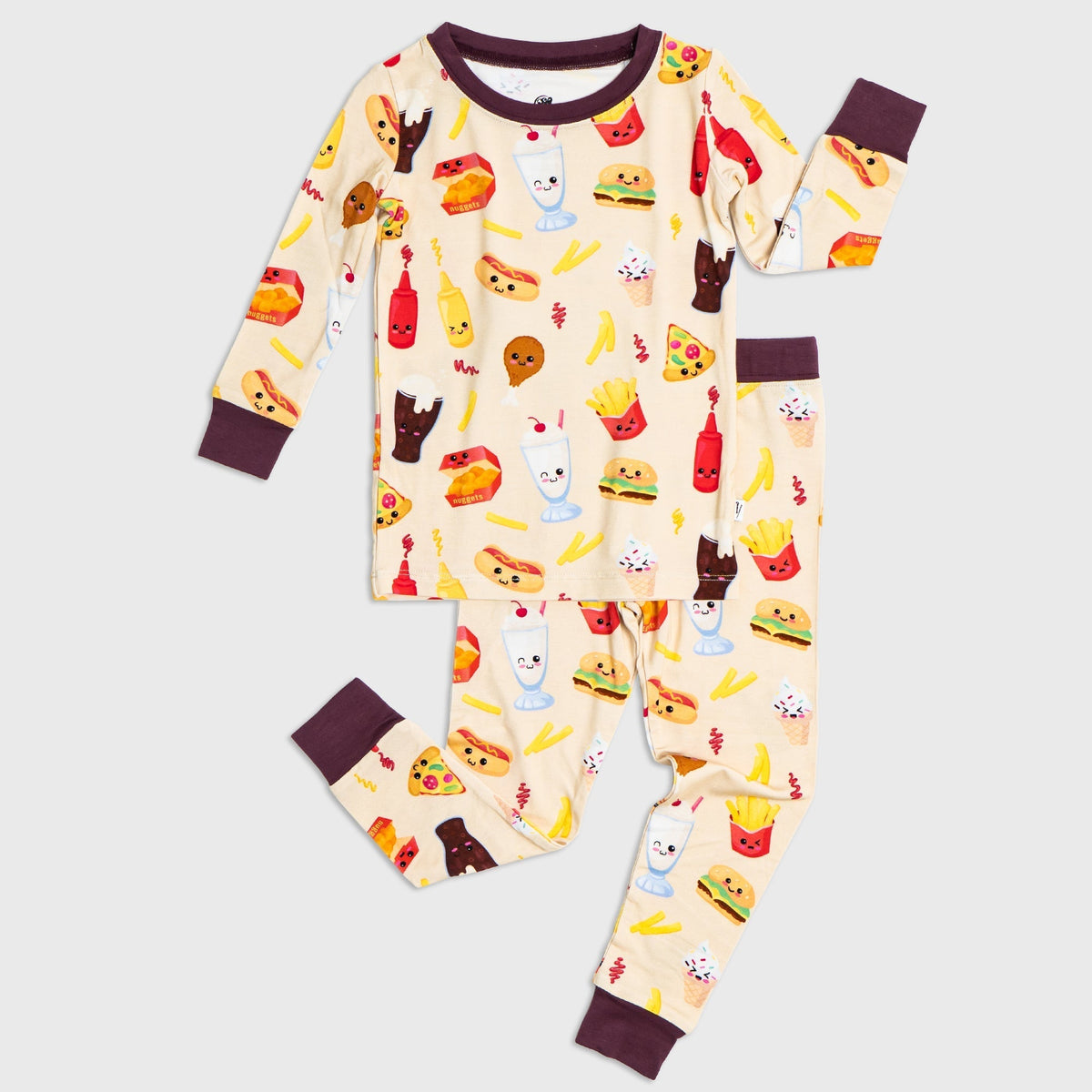 Flat lay of Bam & Stitch Blissful Bites Long Sleeve Pajamas, showing the matching top and bottoms.