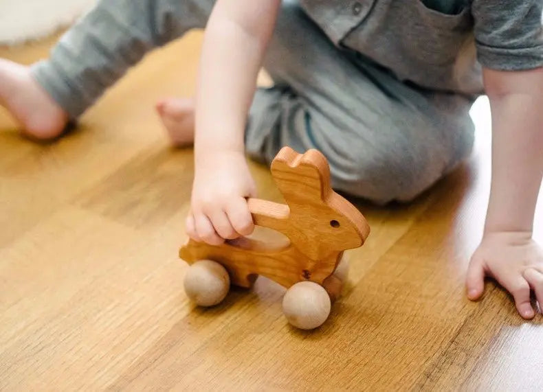 Lifestyle photo showing a wooden push toy with a child