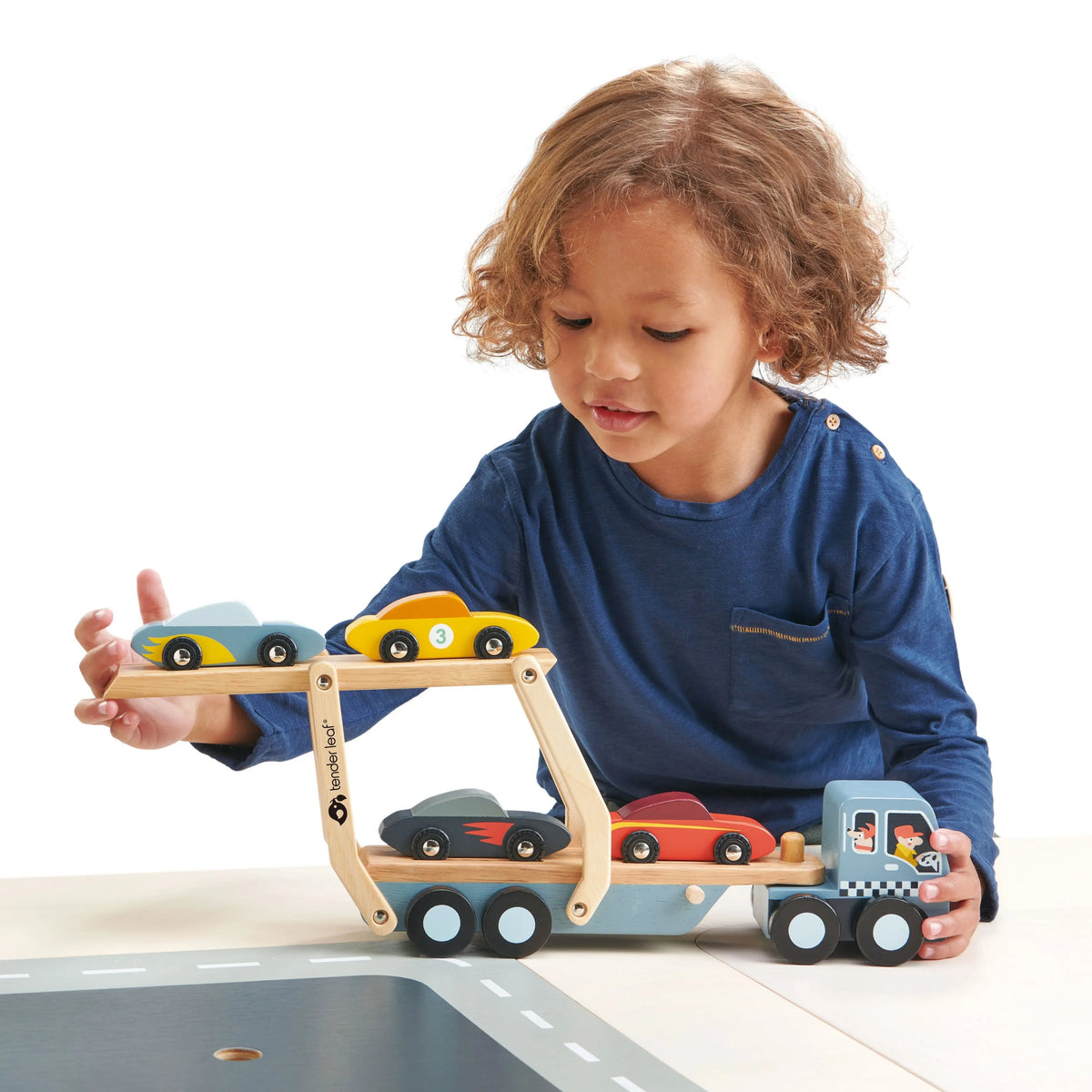 Tender Leaf Wooden Car Transporter with Four Cars