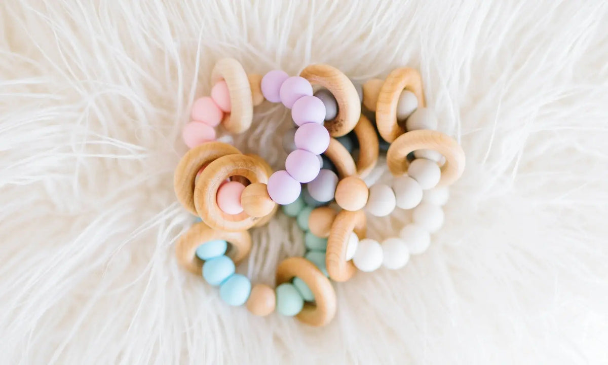 Bannor Toys Classic Teether collection view, showing wooden component and colored silicone
