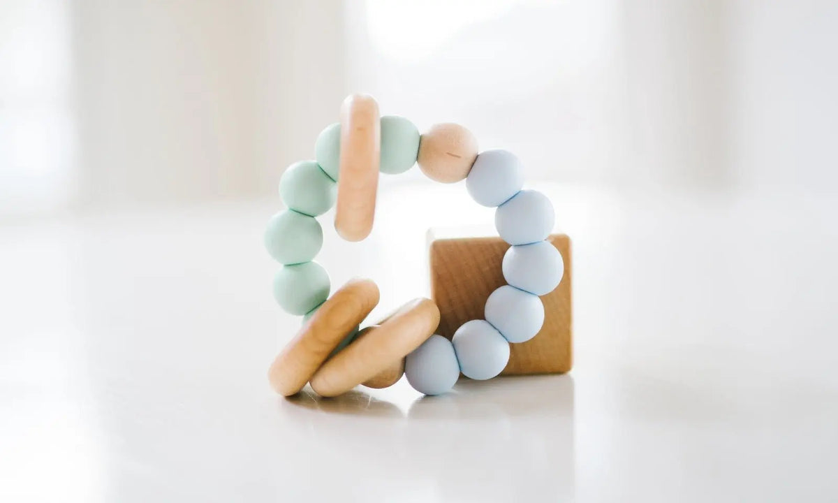 Bannor Toys Classic Teether, showing wooden component and colored silicone