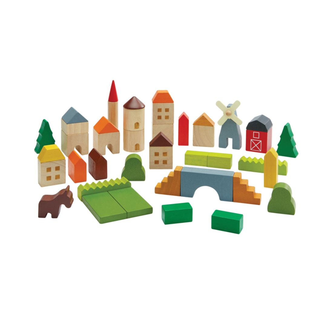 PlanToys Countryside Wooden Building Blocks, 45 Pieces
