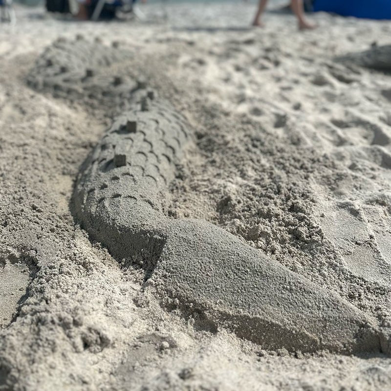 Close-up of a sand mermaid tail with overlapping scales and a broad fin.