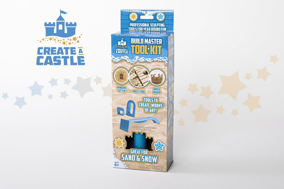 Boxed Create A Castle Build Master Tool Kit beside the brand logo and decorative stars on white.